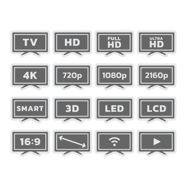 Televizyon, ekran boyutu ve çözünürlükleri, akıllı televizyon simgeleri. Tam ve Ultra HD, Öncü ekran, orantı vektör simgesi seti.