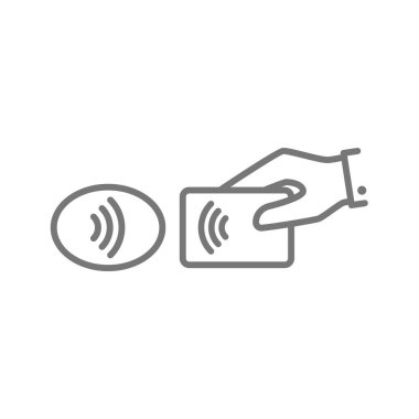 Ödenecek musluk, terminal okuyucusu ve kredi kartı ikonu. Bağlantısız, nakitsiz nfc ödeme vektörü