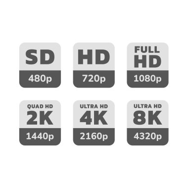 Tam ve ultra HD ekran çözümleme etiketi seti. 4K, 8K ve 1080p çıkartma ve etiketleri.