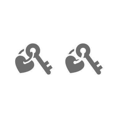 Kalp büyüsü ikonu olan eski bir anahtar. Vintage keyring vektör simgeleri.