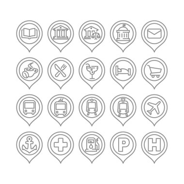 Lokasyon haritası rozeti, kafe, restoran ve otel hattı simgeleri. Banka, benzin istasyonu ve otobüs durağı vektörü ayarlandı. Düzenlenebilir vuruş simgesi ayarlandı