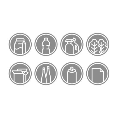 Atık tipi, plastik ve kağıt atık vektör etiketi ayarlandı. Yeşil atık, metal ikonlar ve etiketler. Düzenlenebilir beyaz vuruş.