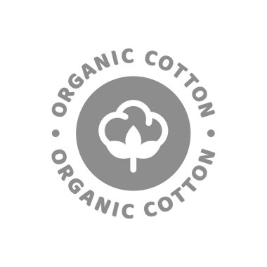 Organik pamuk vektör etiketi. Kumaş ve giysi için daire biçiminde malzeme simgesi.