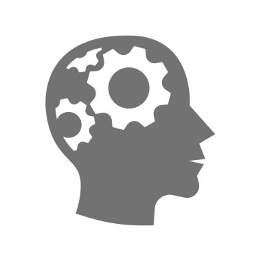 Düşünme, yaratıcılık beyin ve akıl vektörü. Profil başı ve dişli, beyin fırtınası simgesi.