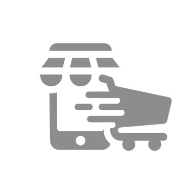 Kolay ve hızlı alışveriş, çevrimiçi mağaza ikonu. Telefon mağazası ve alışveriş arabası vektörü.