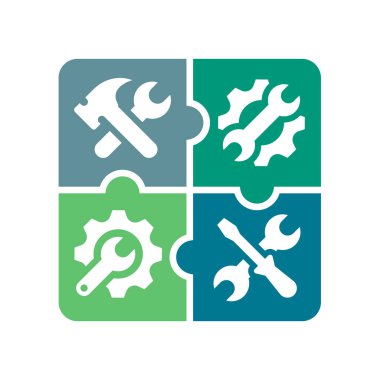 Kurulum ve ayarlar logo bulmaca simgesi. Tornavida, çekiç ve anahtarla tamirhane hizmeti.