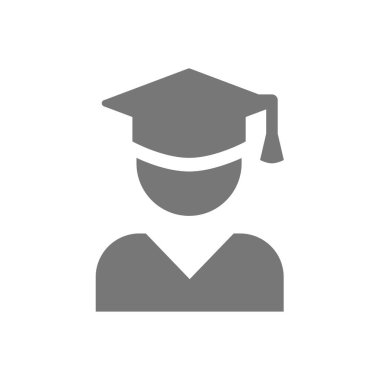 Mezuniyet şapkası vektör ikonu olan öğrenci. Eğitim, üniversite diploması sembolü.