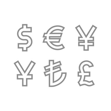 Para birimi satır vektör simgesi ayarlandı. Euro, dolar, pound ve yen simgeleri.