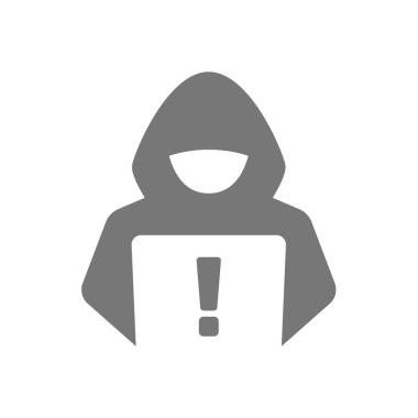 Laptop vektör simgesi olan bir bilgisayar korsanı. Bilgisayar suçu sembolü.