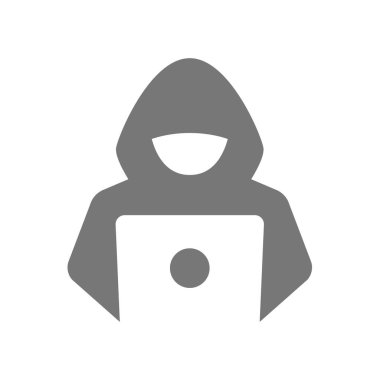 Kapüşonlu ve dizüstü bilgisayarı olan bir bilgisayar korsanı. Siber, bilgisayar suçları ve virüs vektör simgesi.