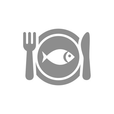 Çatal ve bıçak vektörlü balık yemi. Deniz ürünleri ya da deniz ürünleri ikonu.