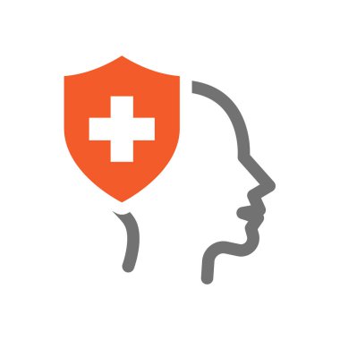 Zihinsel sağlık vektör ikonu. İnsan kafası ve kalkan tıbbi haç.
