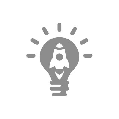 Girişim, yeni başlangıç ve yenilik simgesi. Ampul ve roket veya uzay gemisi vektörü.