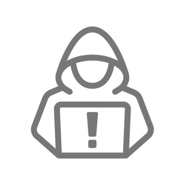 Kapüşonlu ve laptop vektör ikonlu bir bilgisayar korsanı. Siber suç ve veri sızıntısı, kötü amaçlı yazılım çizgisi sembolü.