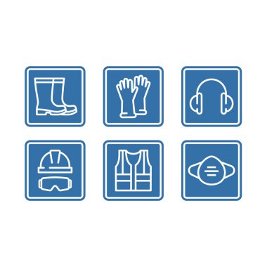 Koruyucu giysi ya da kişisel ekipman seti. Koruyucu yelek, botlar, miğfer ve gözlük vektör simgeleri, düzenlenebilir felç.
