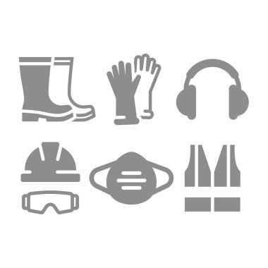 Ppe veya kişisel koruyucu ekipman ikonu seti. İş giysisi, giysi, yelek, maske ve gözlüklü ve kulaklık simgeleriyle çalışmak.