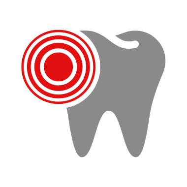 Diş ağrısı ve kırmızı daire. Çürüme, diş çürümesi ve ağrı vektör simgesi.