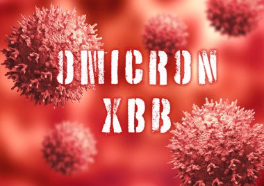 Mikroskobik görünüm Coronavirus omicron XBB değişken bulanık arkaplan. 3B illüstrasyon