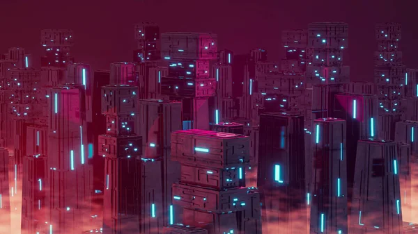 未来科幻虚拟城市的霓虹灯照明和夜雾 网络朋克的概念 技术背景 空中景观 — 图库照片