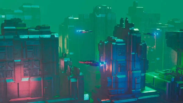 Fütürist Şehrin Üzerinde Gece Vakti Neon Işıkları Sisle Uçan Bilim — Stok fotoğraf
