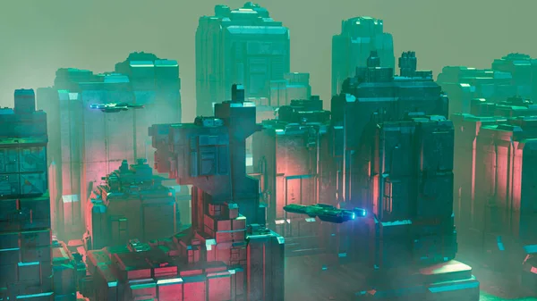 Sci Űrhajók Repülnek Futurisztikus Város Felett Neon Világítással Köddel Éjszaka — Stock Fotó