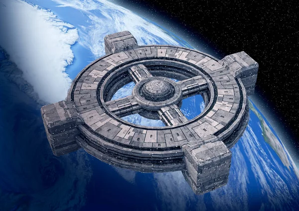 Futurystyczna Stacja Kosmiczna Orbicie Planety Ziemia Ilustracja — Zdjęcie stockowe