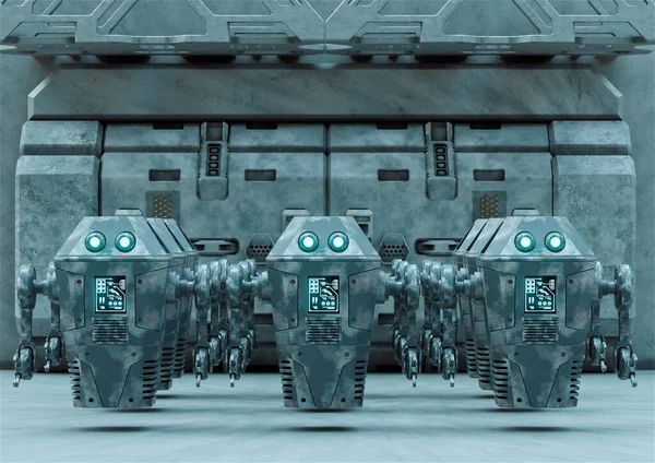 Roboty Ustawione Kolejce Korytarzu Statku Kosmicznego Scena Science Fiction Ilustracja — Zdjęcie stockowe
