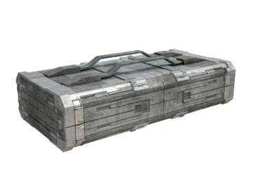 Yüksek teknoloji fütüristik bilim kurgu konteyneri beyaz arka planda izole edilmiş. Askeri teçhizat ve oyun varlığı konsepti. 3B illüstrasyon