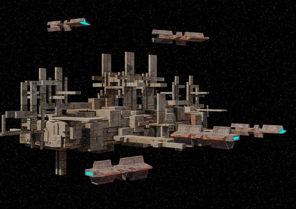 Futurisztikus Űrkikötő Űrben Dokkolt Űrhajókkal Űrturizmus Számára Illusztráció — Stock Fotó