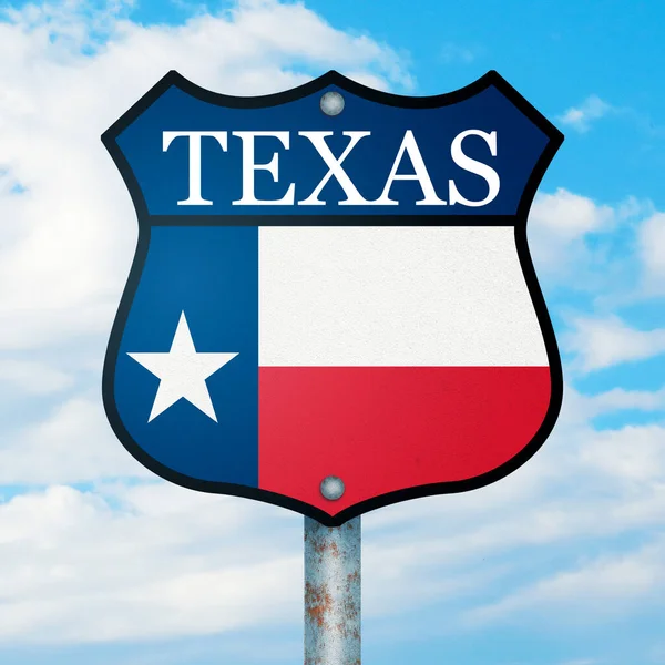 Verkeerstekens Met Tekst Vlag Van Amerikaanse Staat Texas Boven Hemel Stockfoto