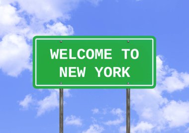 Üzerinde bulutlar olan New York şehrine hoş geldiniz yazan yeşil yol tabelası. 3B illüstrasyon
