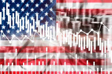 USA Economic Crisis. Financial collapse, drop in stock value. Graph falling down in front of USA flag. Economic crisis in America. Decline of the US Dollar