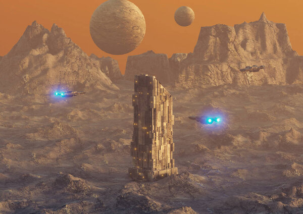 Science Fiction Landscape with a tower-shaped construction, space exploration base. 3D illustration. Modeled Blender 3D