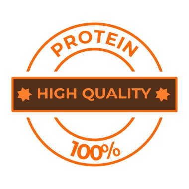 Rozet, protein etiketi veya beyaz arka planda çıkartma,% 100 yüksek protein, yüksek protein damgası, amblem vektör simgesi. vektör illüstrasyonu