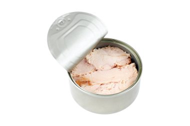 Konserve ton balığı konservesini beyaz arkaplan görünümünde izole et. Deniz ürünleri.