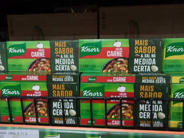 RIO DE JANEIRO, BRAZIL - 20 Nisan 2024: süpermarket rafında Knorr endüstriyel baharat kutuları. Marka Unilever grubuna ait. Kapat.