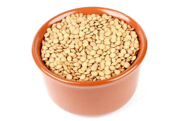 stock image Pile of brown raw dry lentils in ceramic bowl isolated on white background. Top view