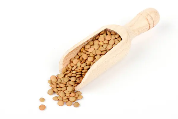 stock image Pile of brown raw dry lentils in wooden ladle isolated on white background. Top view