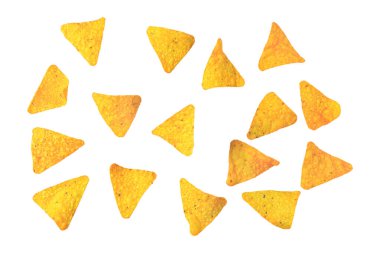 Beyaz arka planda izole edilmiş mısır cipsi. Üst görünüm
