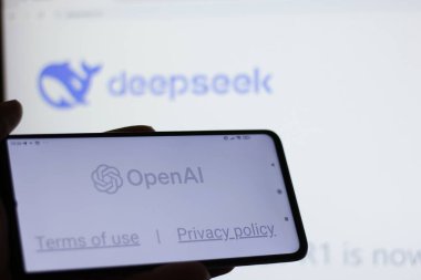 RIO DE JANEIRO, BRAZİL - 30 HAZİRAN 2025 OpenAI Şirketi logosu. Arka planda DeepSeek Yapay Zeka Şirketi 'nin web sitesi var. Seçici odak.