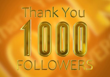 Bin takipçi Altın Kutlama Sosyal Medya posterini yazıyor. Teşekkürler 1K aboneleri. 3B illüstrasyon