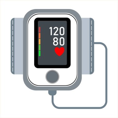 Sistolik (120) ve diyastolik (80) basınç ölçümleri gösteren dijital kan basıncı monitörü, kalp atış hızı sembolü ve renkli basınç ölçeği.