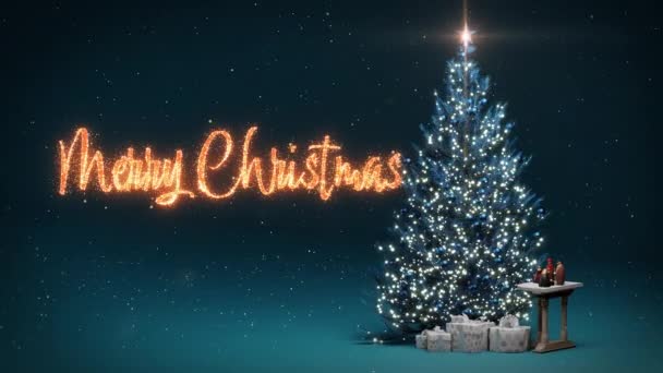 春のクリスマスツリーとともにライトプレゼントやネイティブシーンとともに明るいメリークリスマステキスト上雪の青の背景4K — ストック動画