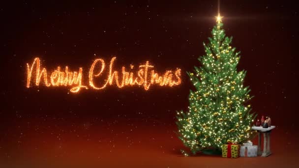 旋转的圣诞树 灯火辉煌的礼物 圣诞美景 明亮的圣诞祝福 雪红的背景4K — 图库视频影像