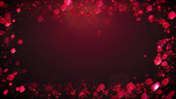 Лепестки Роз Рамка Огнями Частицами Красном Фоне День Святого Валентина — стоковое видео