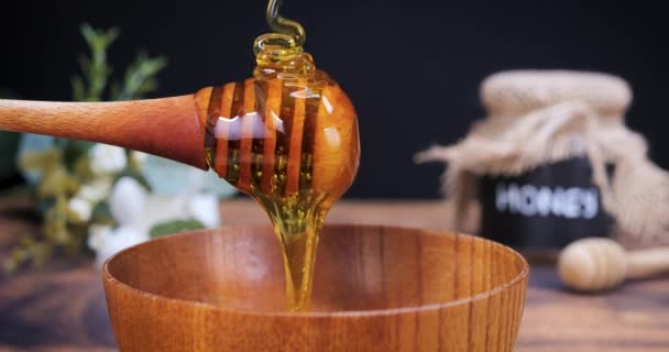 Honey Poured Spoon Wood Bowl Honey Contains Many Nutrients Antioxidants — Video