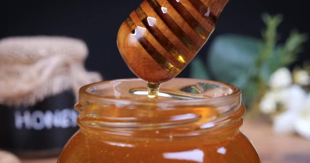 Honey Spoon Coming Out Jar Full Honey Honey Contains Many — Stock Video