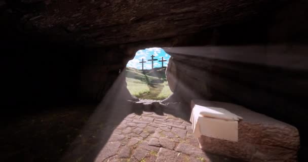 Воскресіння Ісуса Христа Камінь Відкочується Від Могили Світло Входить Три — стокове відео