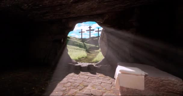 Воскресение Иисуса Христа Камень Отваливается Могилы Входит Свет Три Креста — стоковое видео