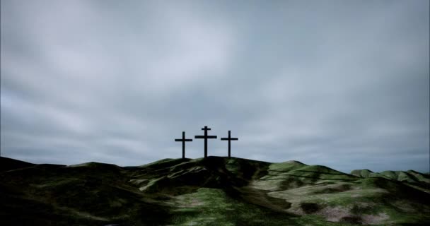 Три Хрести Пагорбі Небом Стають Хмарними Блискавичними Великдень Розп Яття — стокове відео